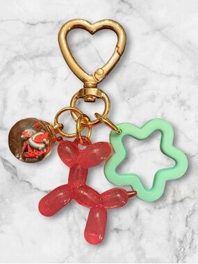 Gold Heart Keyring with Pink Balloon Dog, Watermelon Globe & Mint Star Charm